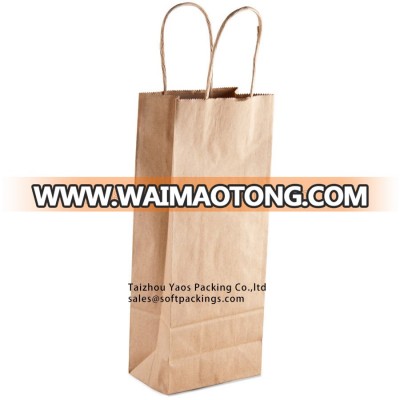 new design one bottle kraft paper wine bag, natural kraft paper flat bottom bag, take away kraft paper bag with twisted handle