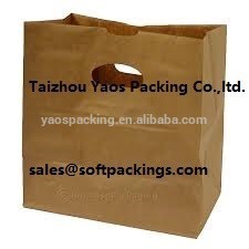 2015 latest design weave top popular Patched Handle die cut brown kraft paper take away bag