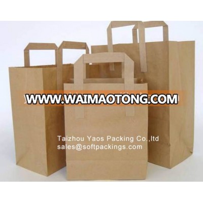 take away kraft paper bag with square bottom, kraft paper bag wholesale with flat handle, printing kraft paper shopping bag