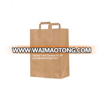 take away fast food paper bag, kraft paper bag wholesale with flat handle, flat bottom kraft paper shopping bag